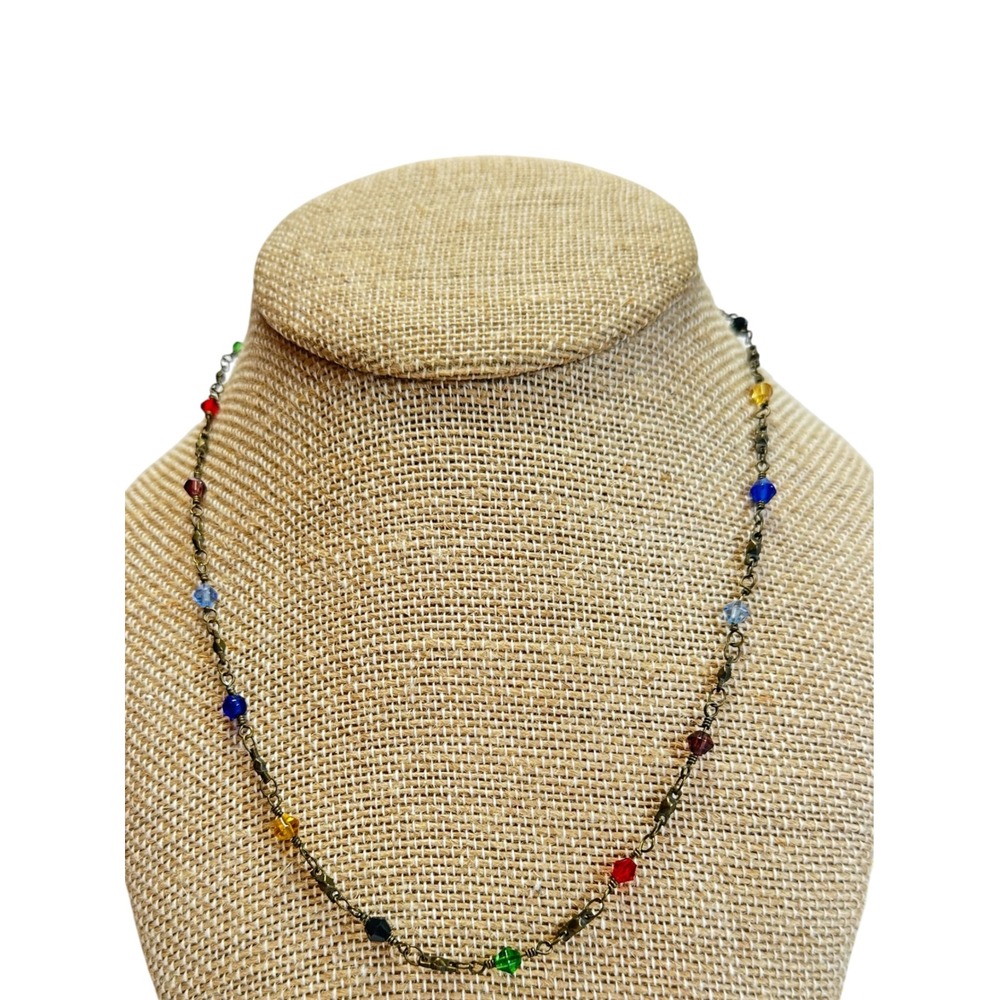 Beaded Necklace Women 18" Multicolor Boho Faceted Glass Bronze Tone Chain